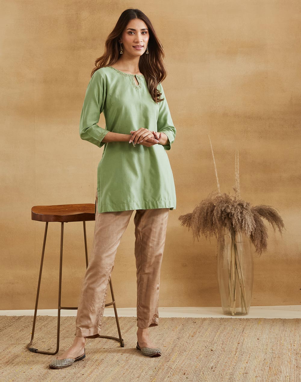 Green Cotton Silk Short Kurta