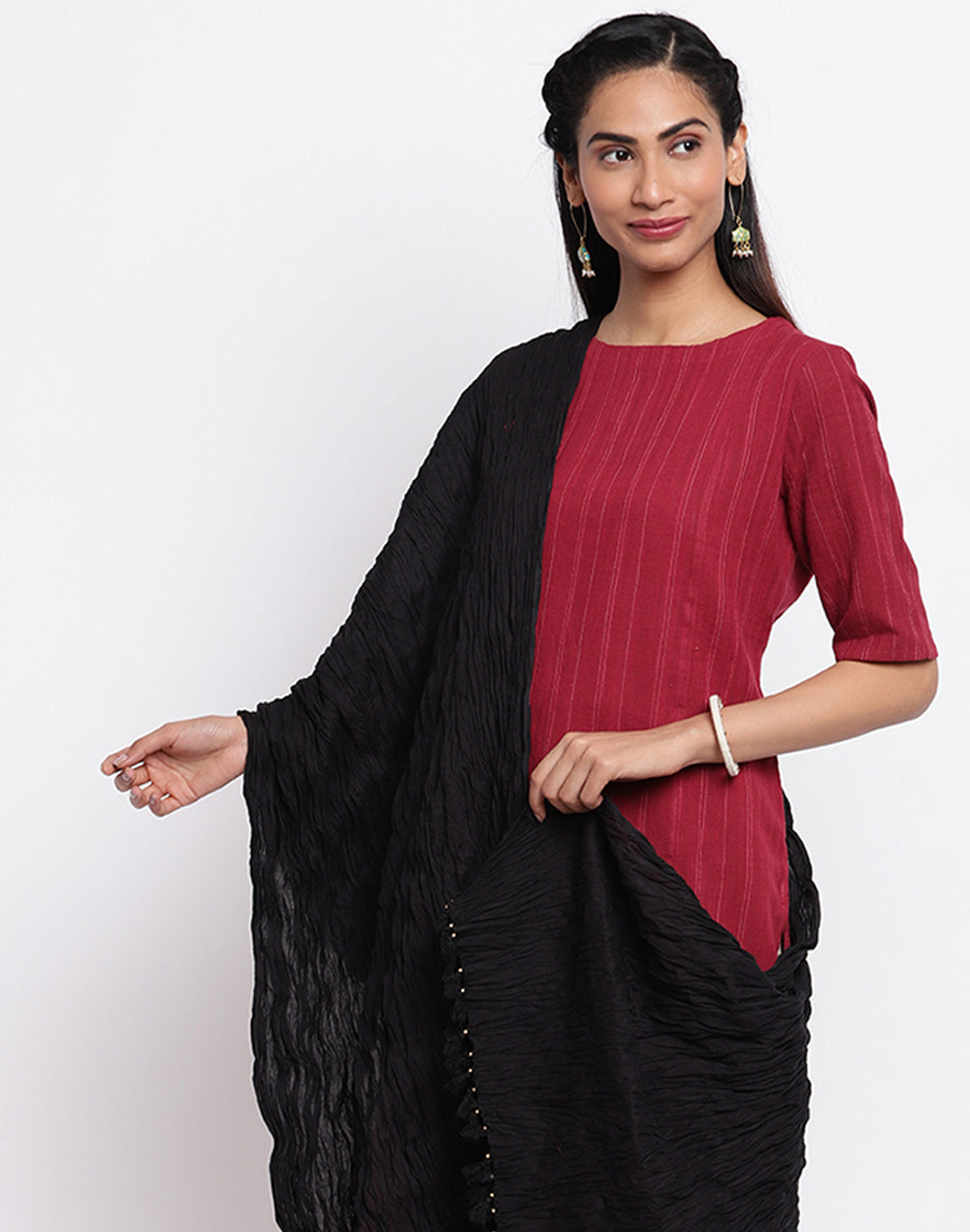 Black Cotton Mull Plain Phunka Crinkle Dupatta
