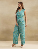 Green Cotton Linen Hand Block Printed Seraphina Wrap Jumpsuit