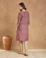 Purple Cotton Silk Hand Block Printed Knee Length Kurta