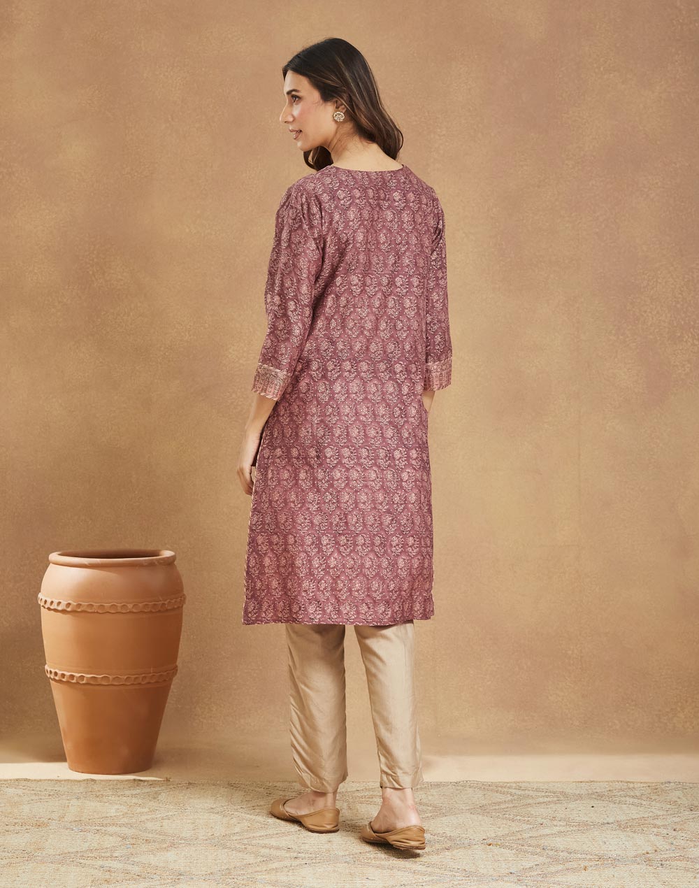 Purple Cotton Silk Hand Block Printed Knee Length Kurta