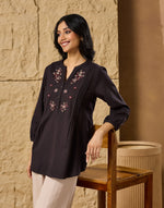 Black Cotton Linen Embroidered Tunic