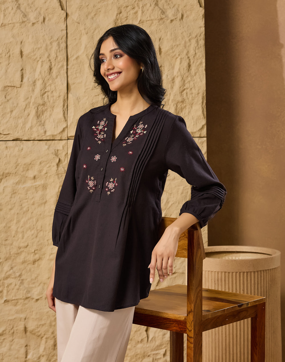 Black Cotton Linen Embroidered Tunic