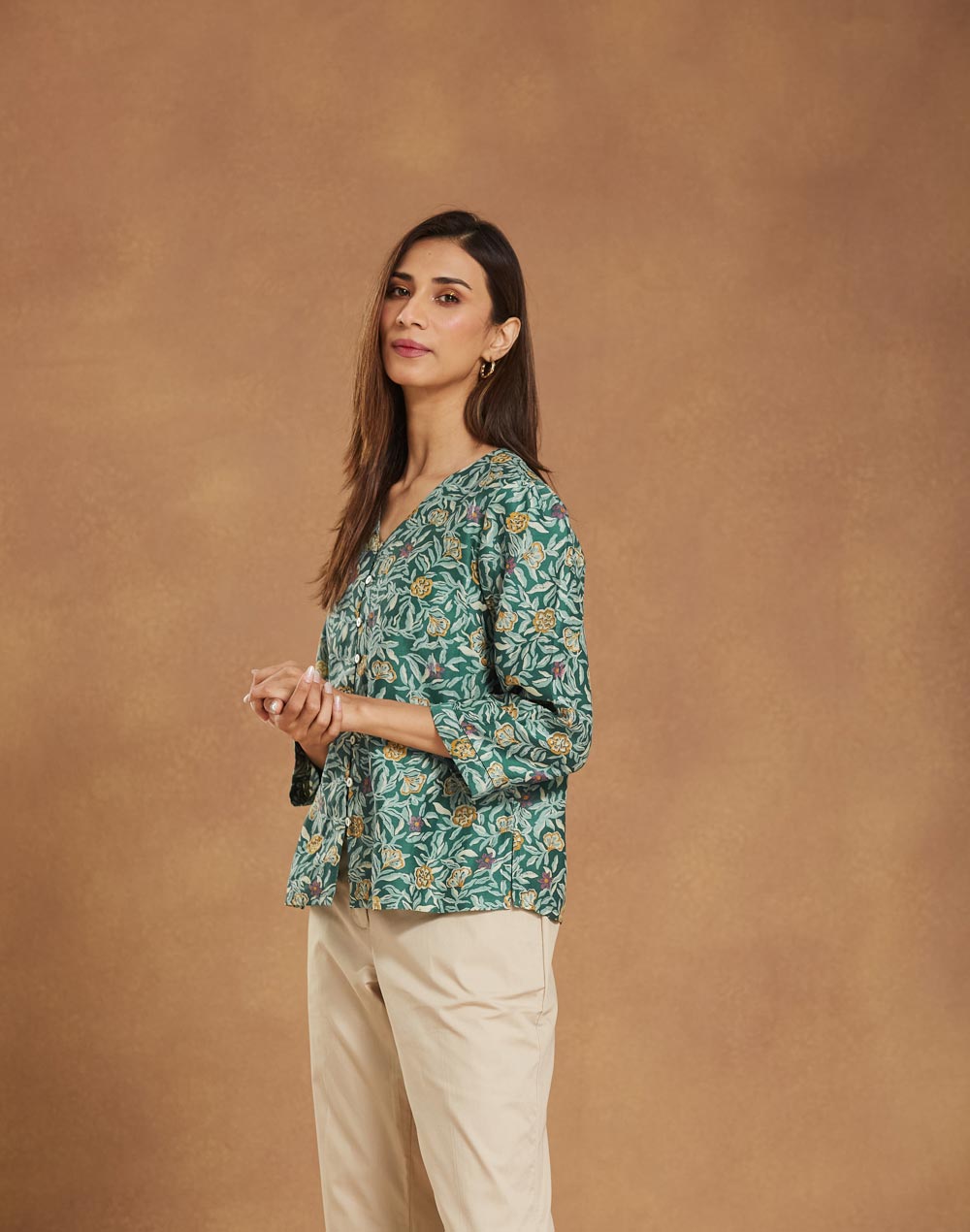 Green Cotton Silk Printed Slim Fit Top