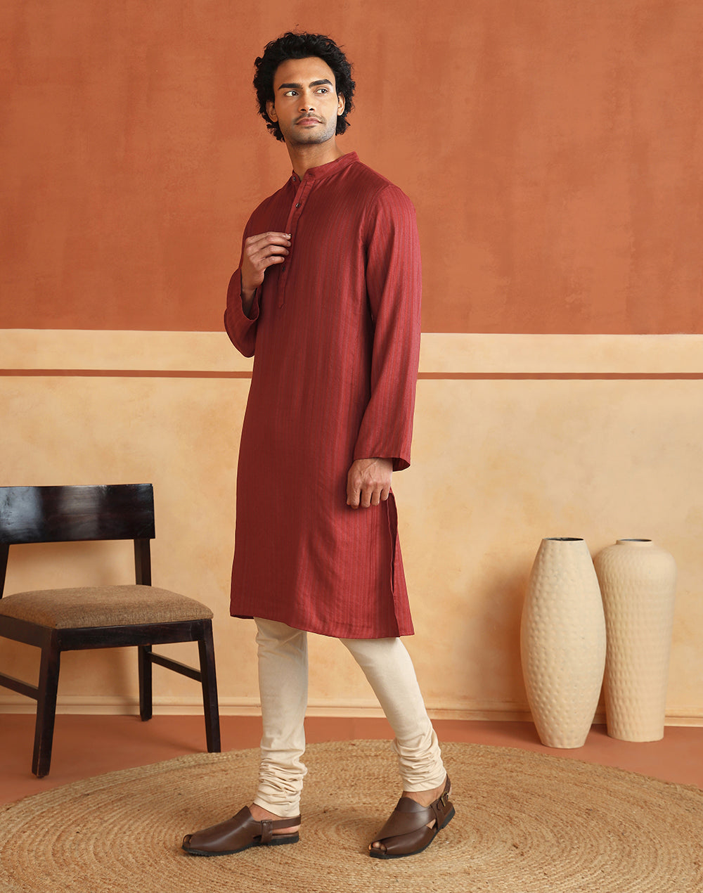 Red Dobby Long Kurta with Chinese collar and full sleeves