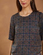Navy Rayon Blend Ajrakh Printed Short Top