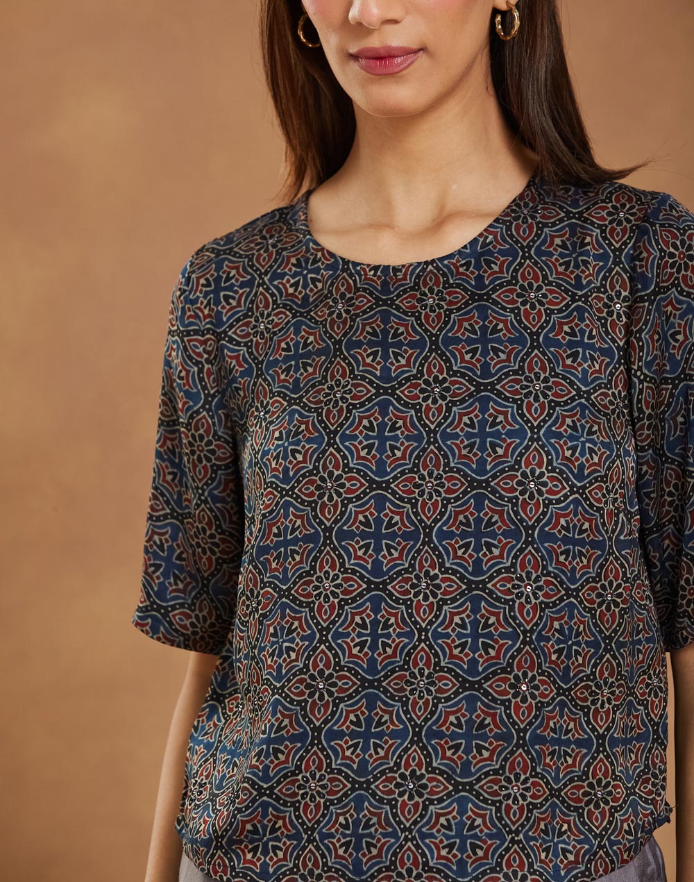 Navy Rayon Blend Ajrakh Printed Short Top