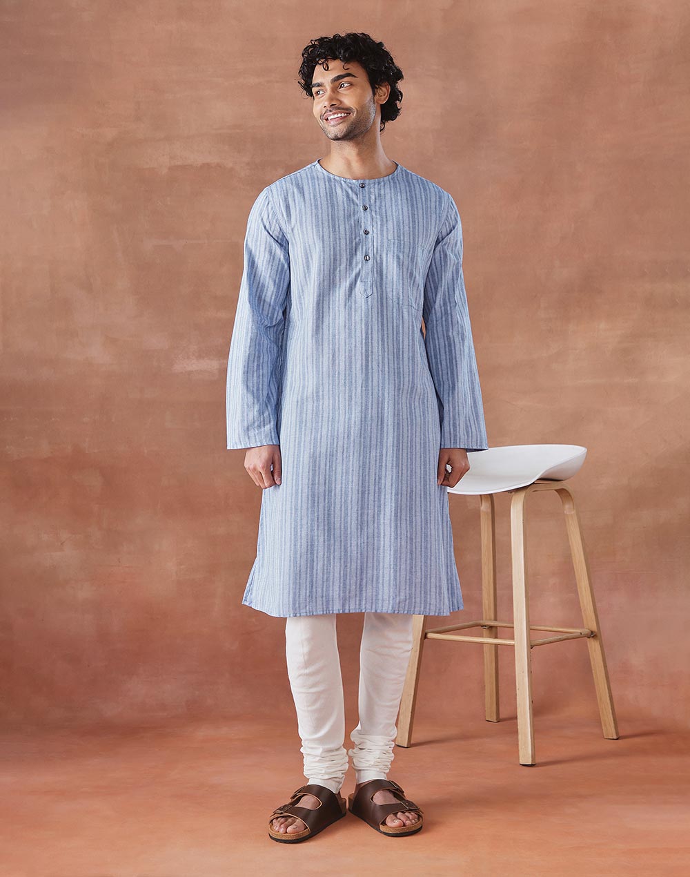Blue Cotton Stripe Long Kurta