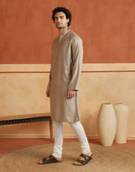 Beige Viscose Blend Dobby Slim Fit Long Kurta