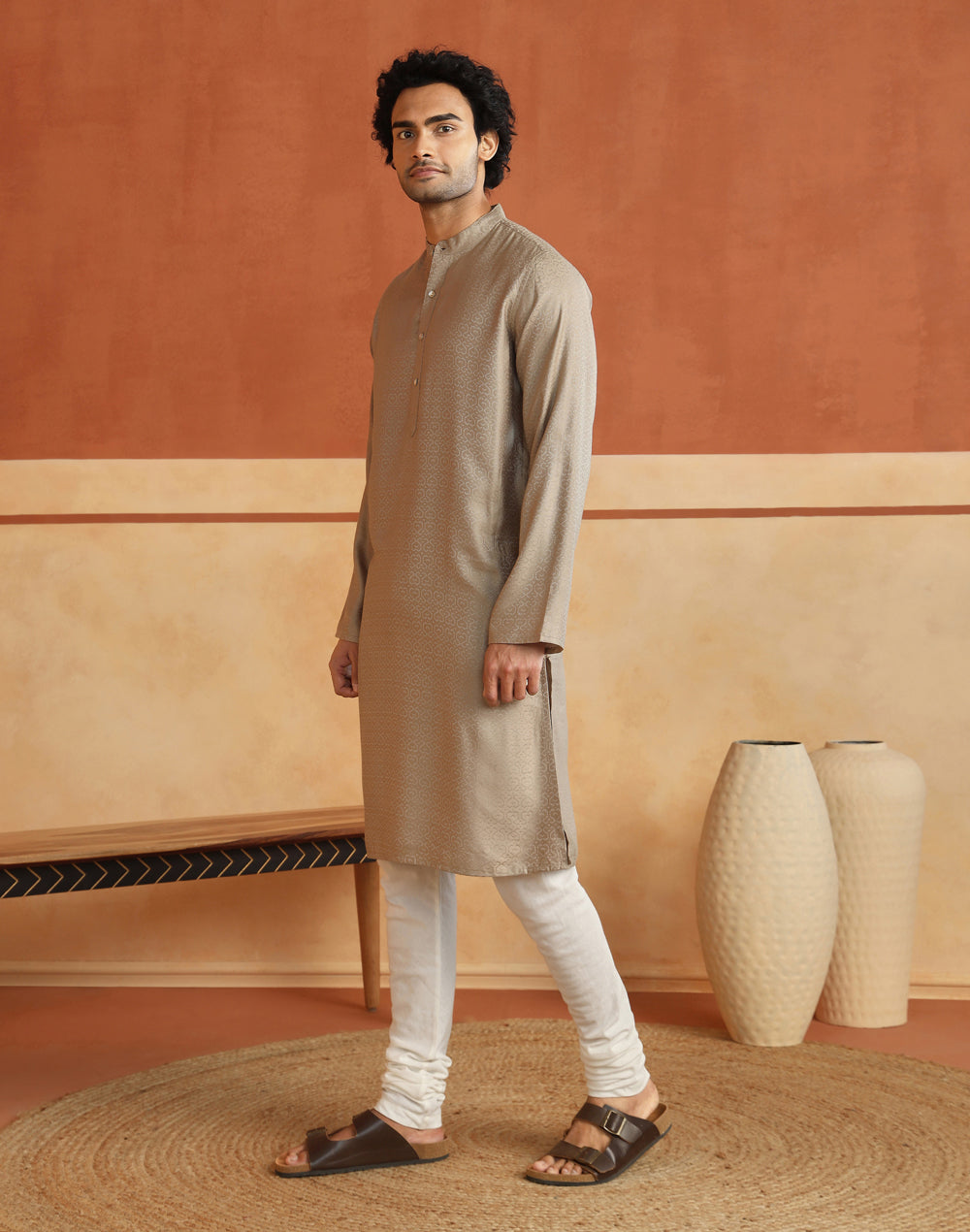 Beige Viscose Blend Dobby Slim Fit Long Kurta