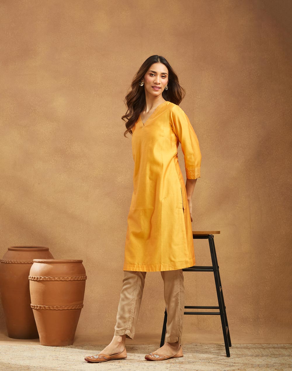 Yellow Cotton Silk Knee Length Kurta