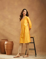 Yellow Cotton Silk Knee Length Kurta