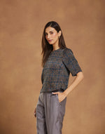 Navy Rayon Blend Ajrakh Printed Short Top