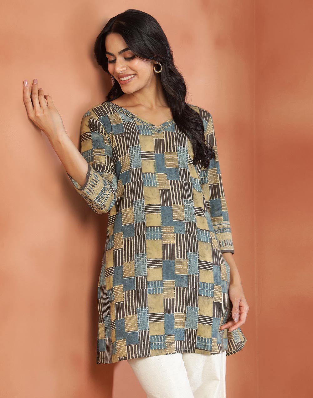 Green Cotton Ajrakh Short Kurta