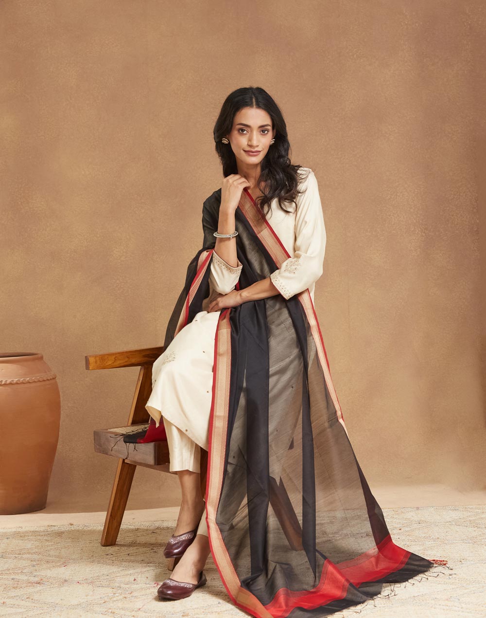 Black Cotton Silk Blend Dupatta