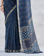 Indigo Cotton Silk Blend Hand Block Printed Sari