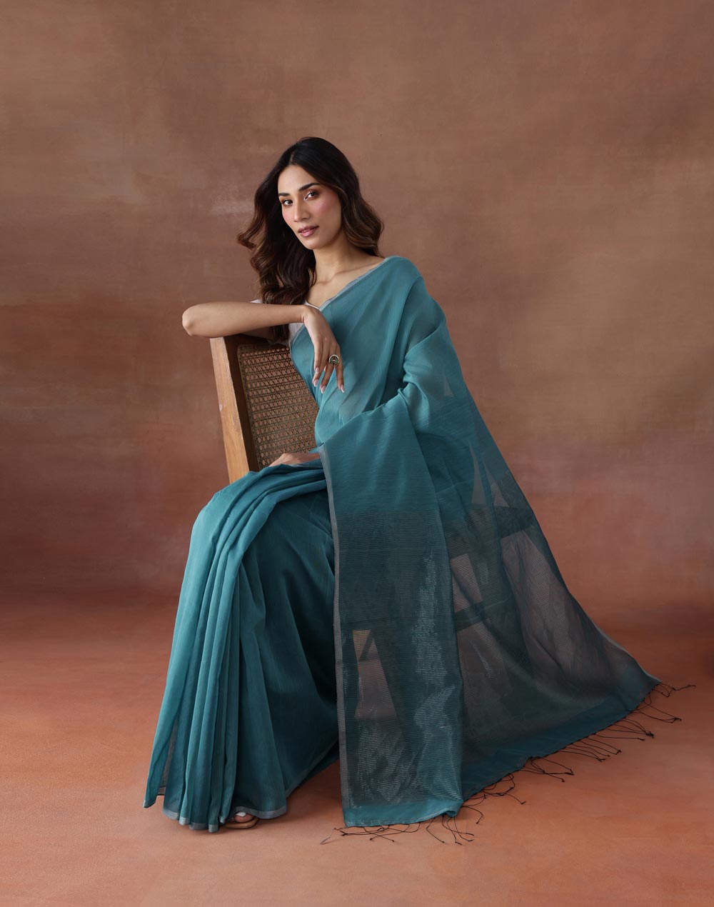 Turquoise Cotton Silk Hand Woven Sari