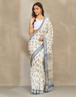 Blue Cotton Silk Blend Hand Block Print Sari