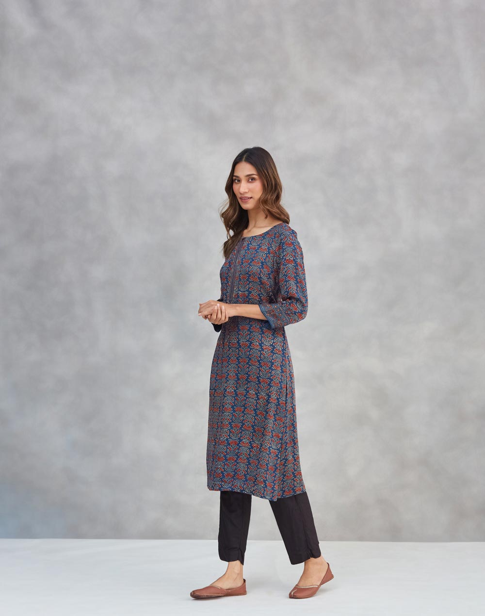 Indigo Viscose Blend Ajrakh Printed Long Kurta