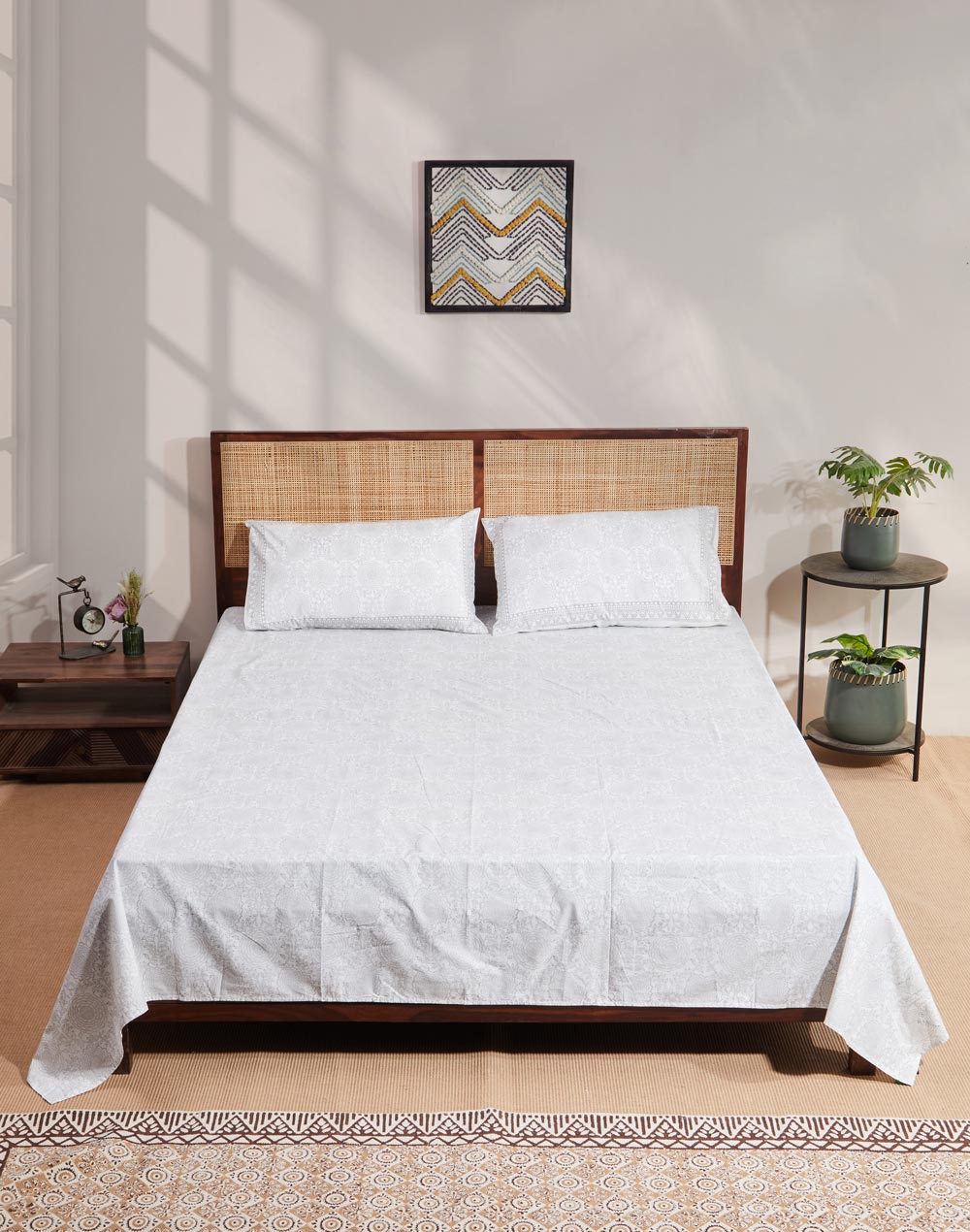 Grey Hand Block Cotton Printed Bed Sheet With 2 Pillow Covers