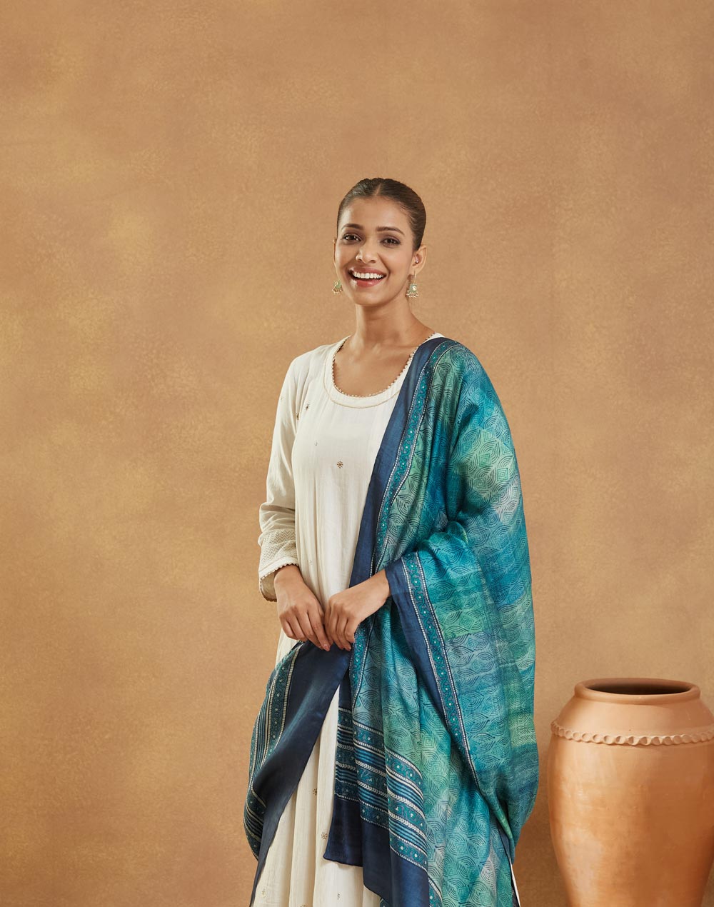Navy Silk Hand Block Printed Dupatta
