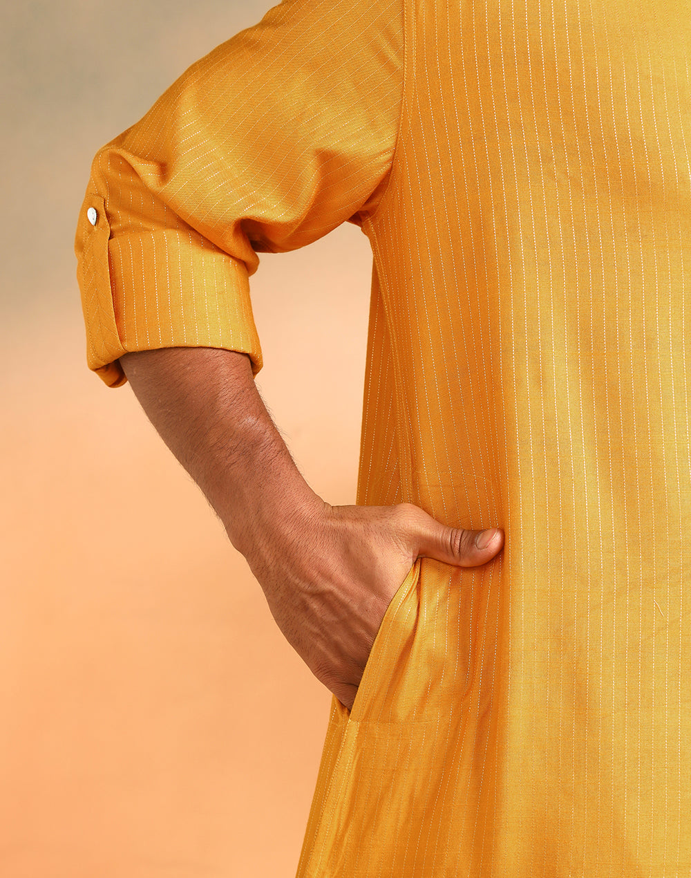 Yellow Viscose Silk Blend Dobby Slim Fit Pathani