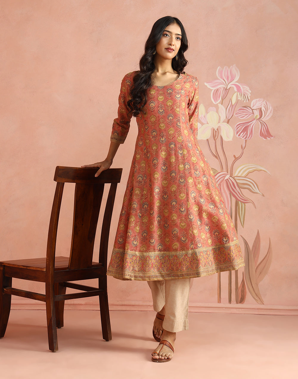 Pink Cotton Silk Hand Block Printed Long Kurta