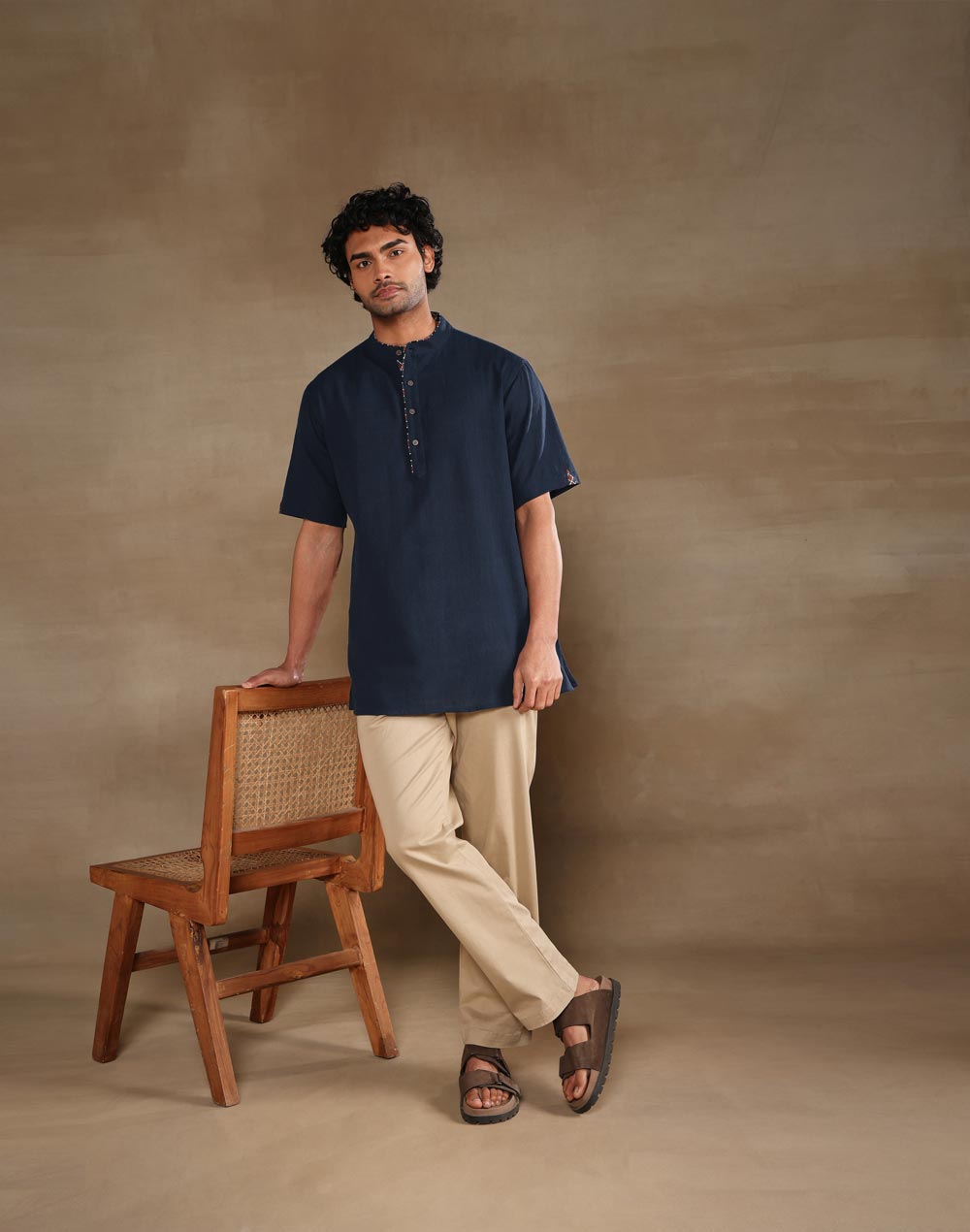 Navy Cotton Dobby Short Kurta