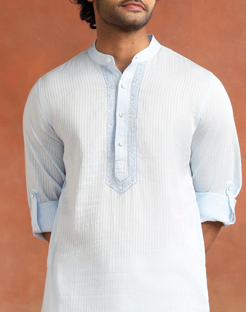 Blue Cotton Chikankari Slim Fit Long Kurta
