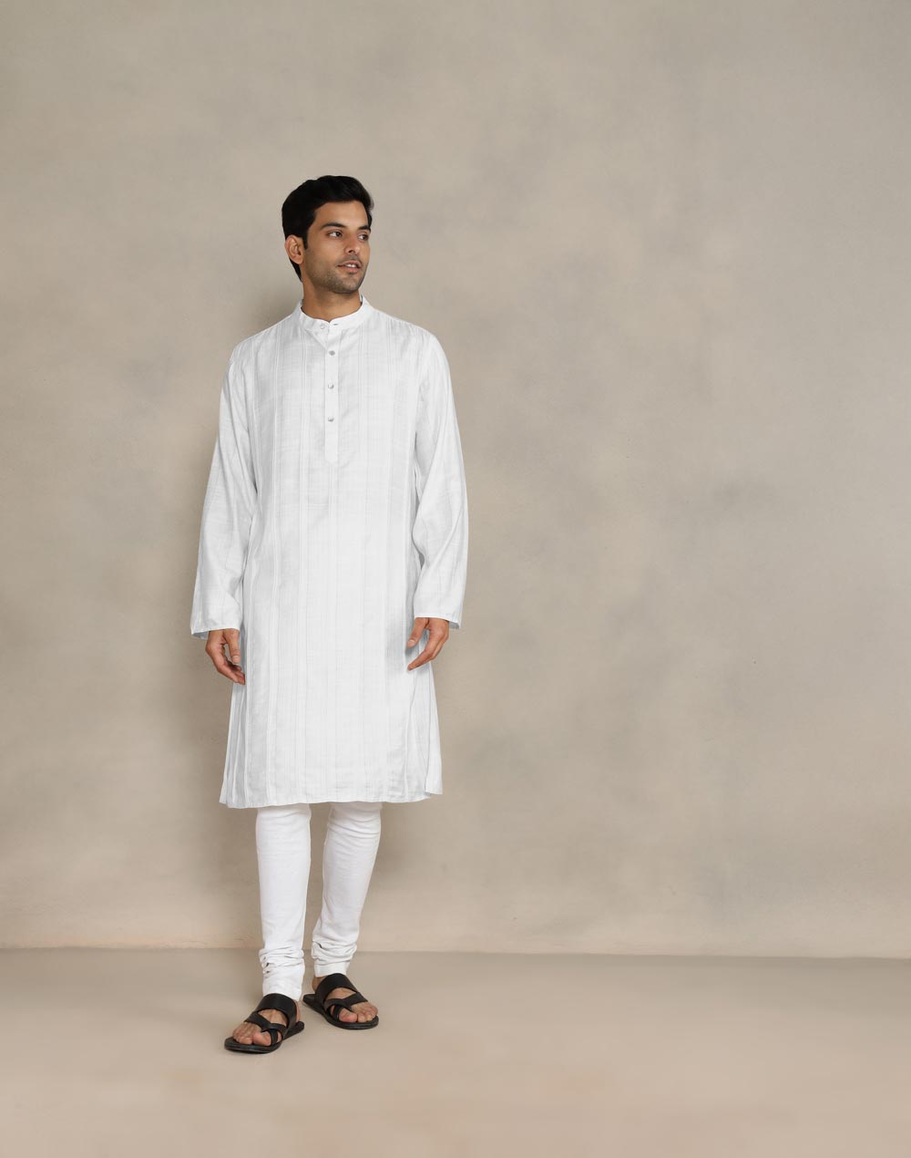 White Viscose Silk Dobby Long Kurta