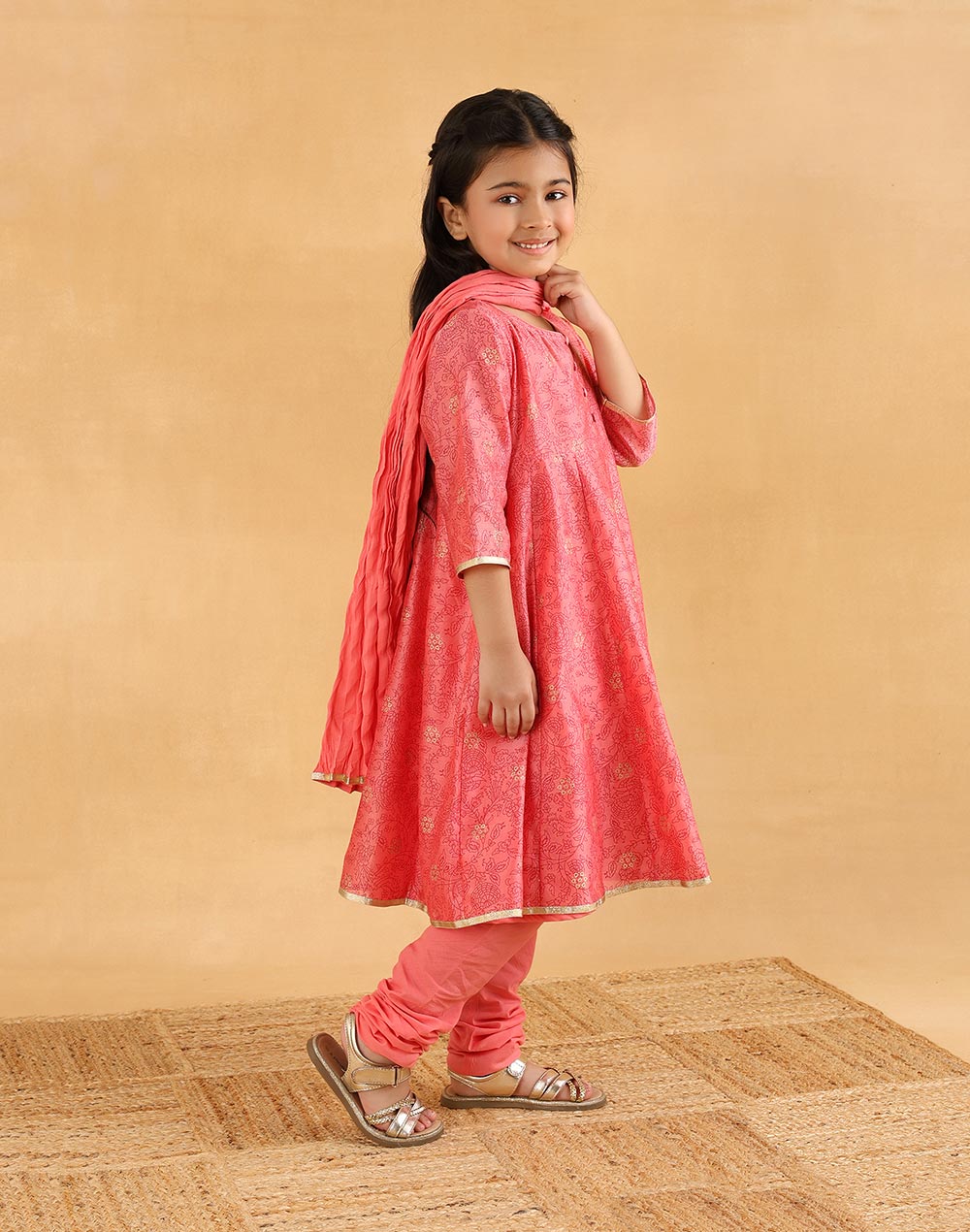 Pink Cotton Silk Blend Printed 3pc Churidar Set