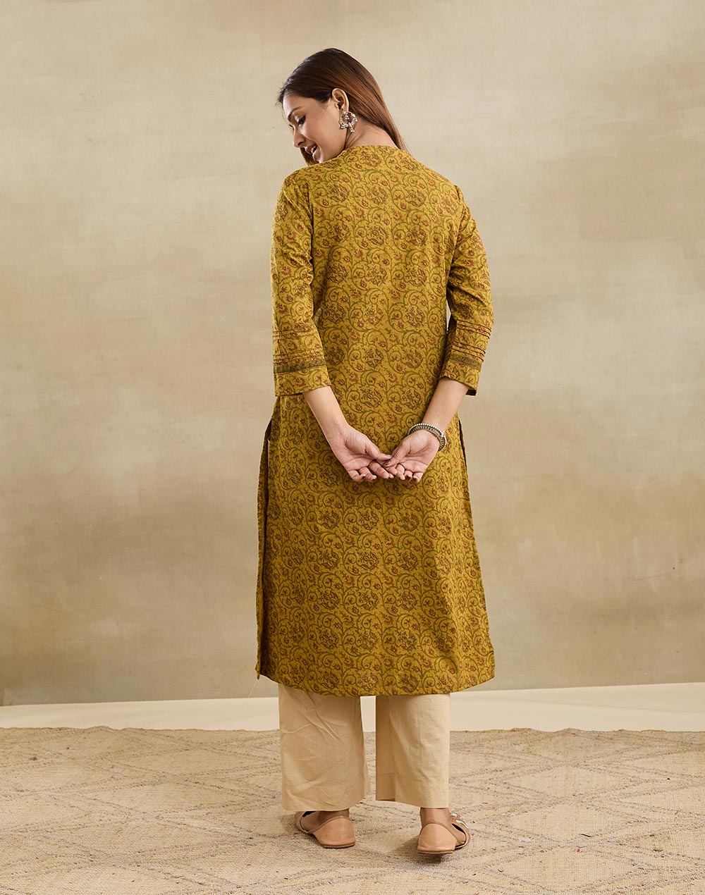 Green Cotton Hand Block Printed Slim Fit Long Kurta