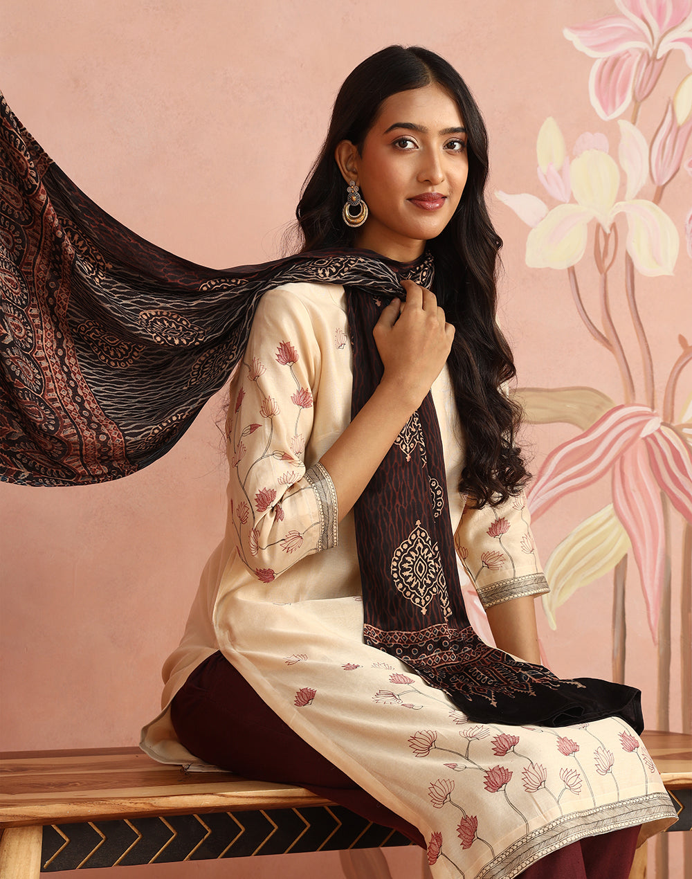 Red-Black Viscose Blend Ajrakh Printed Stole