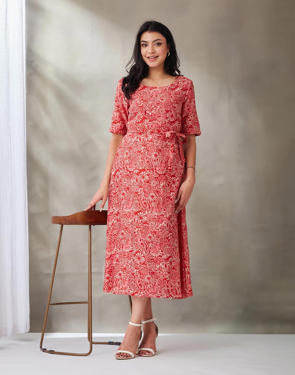 Red Cotton Silk Hand Block Printed Midi Dress