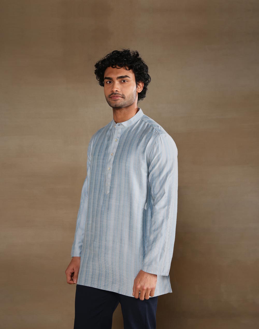 Light Blue Viscose Silk Blend Zari Stripe Short Kurta