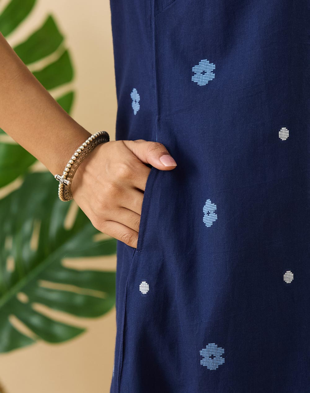 Indigo Cotton Dobby Slim Fit Long Kurta