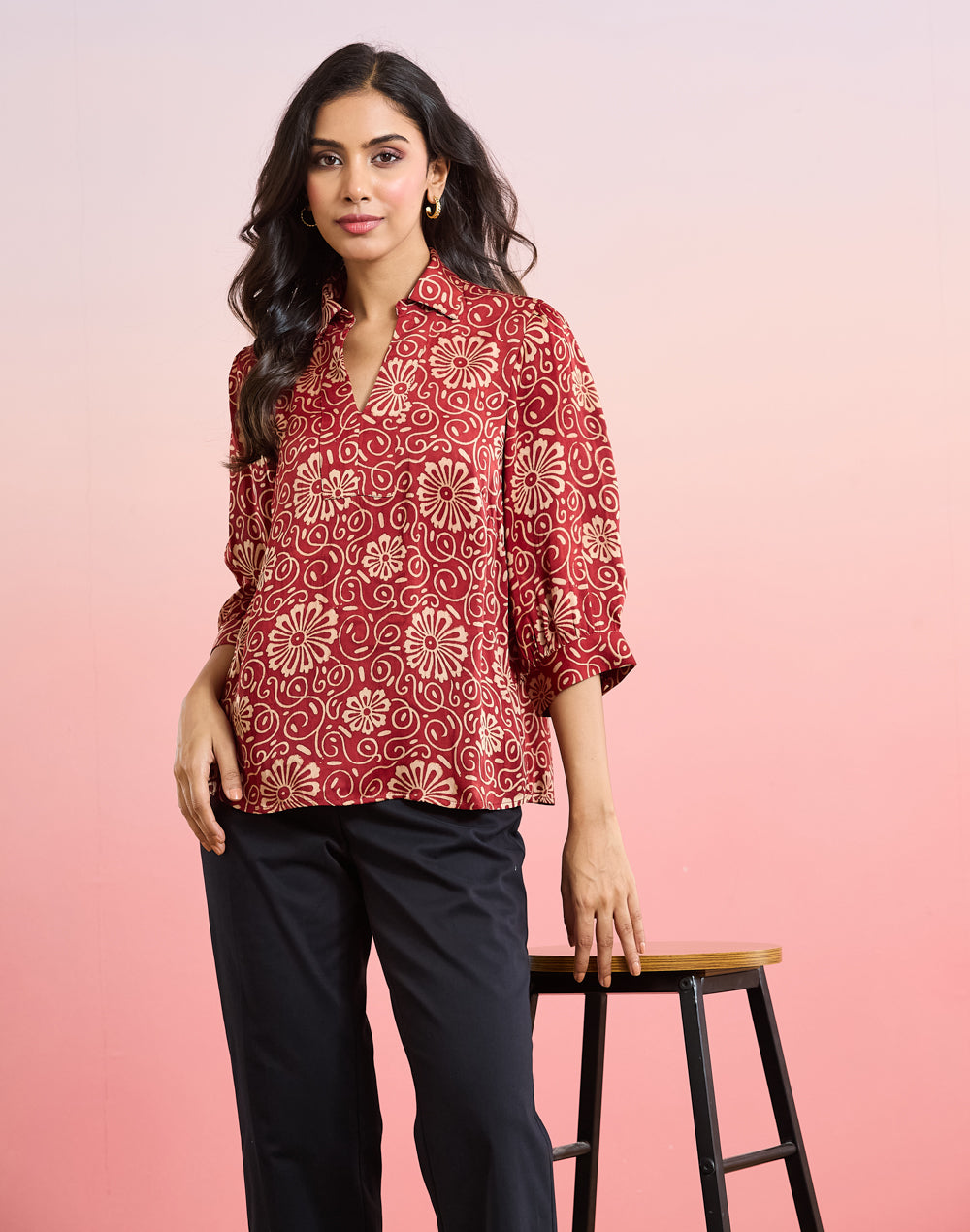 Red Rayon Ajrakh Print Top for Women from Fabindia UK