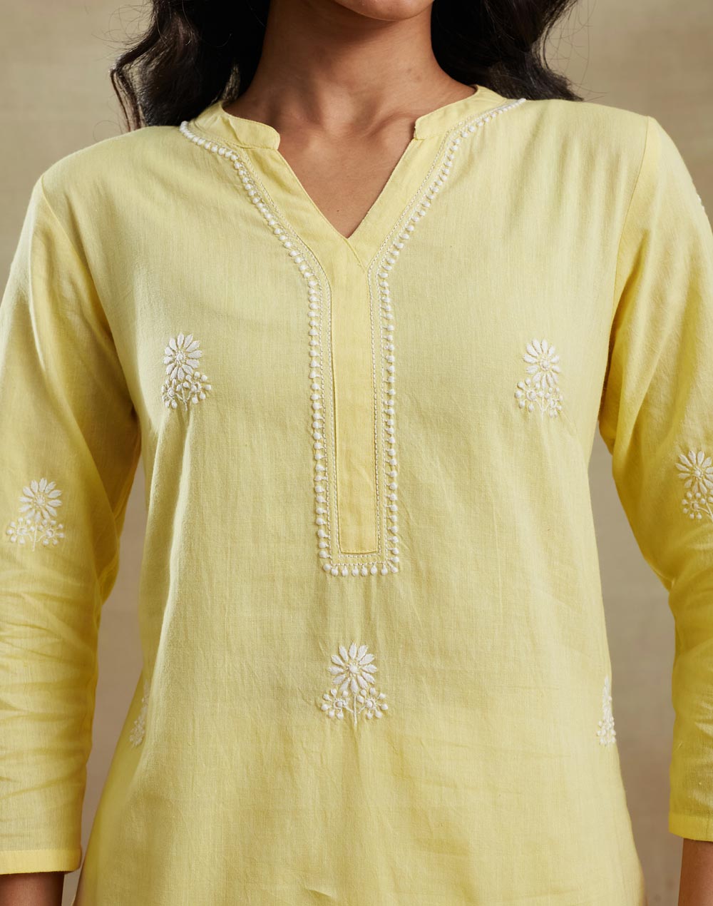 Yellow Cotton Chikankari Short Kurta