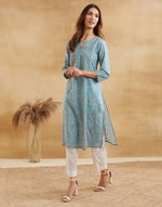 Teal Cotton Hand Block Printed Long Kurta