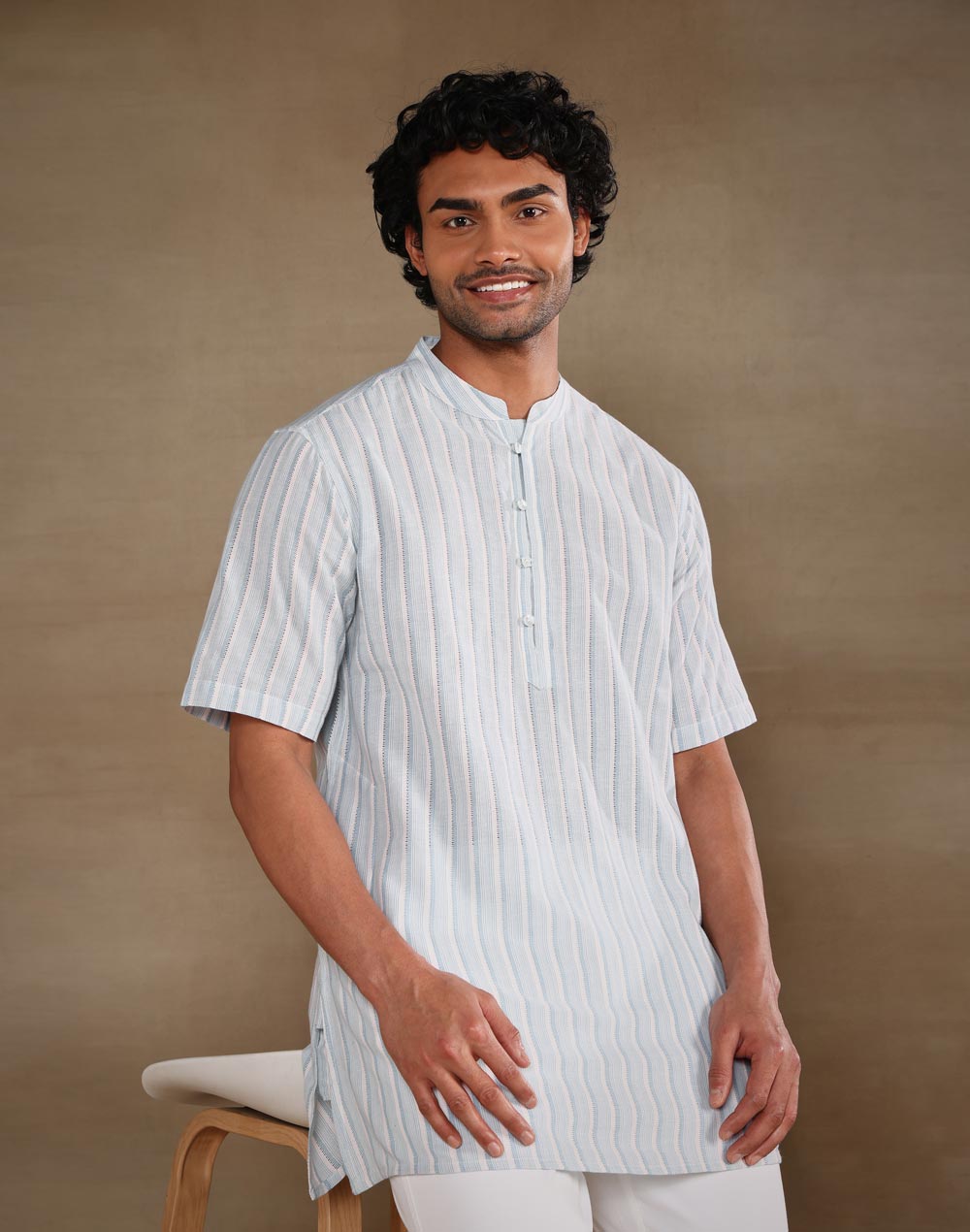 Blue Cotton Stripe Short Kurta