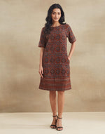 Red Cotton Linen Ajrakh Printed Short Dress