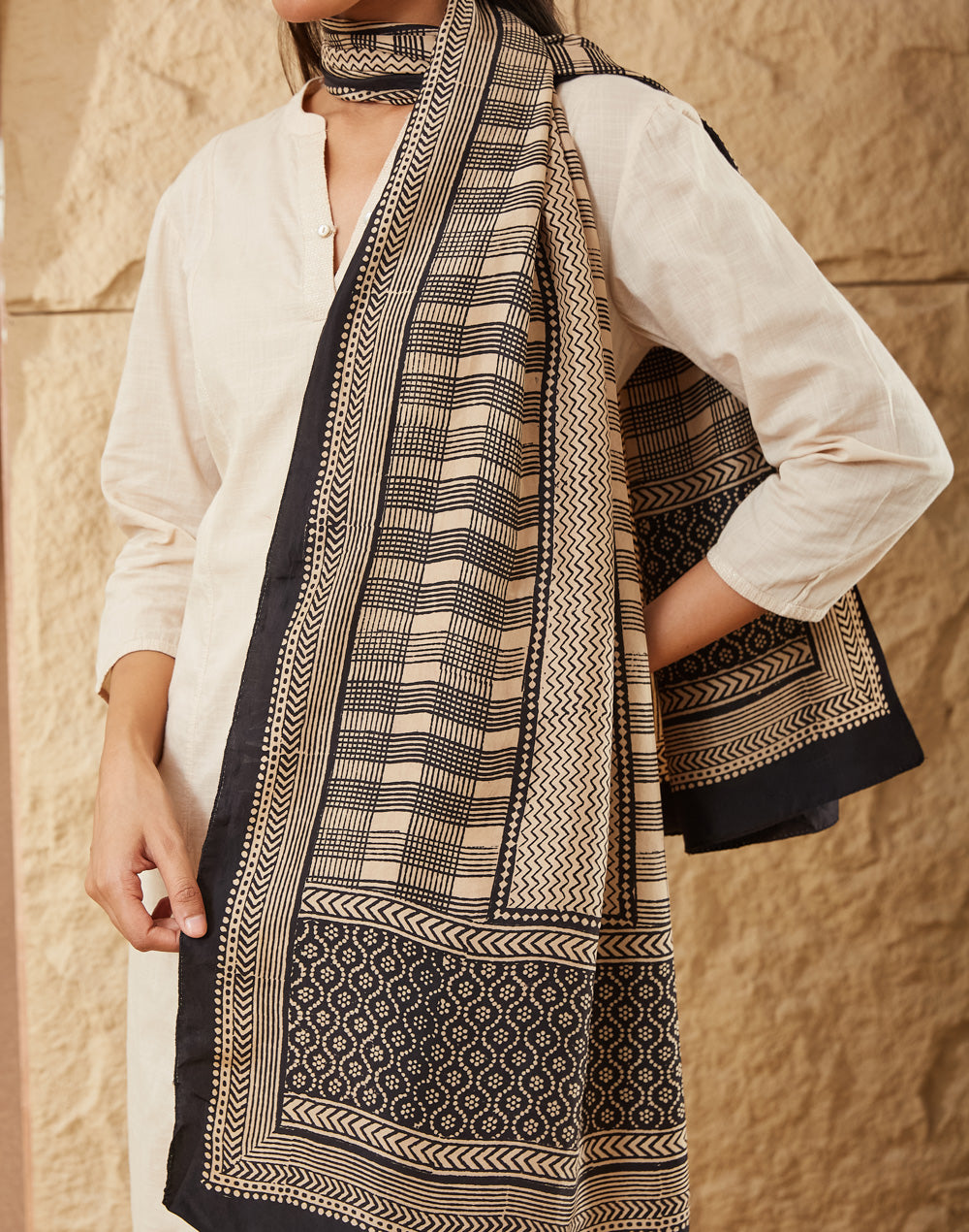 Natural-Black Bagh Print Stole styled for layering over kurtas