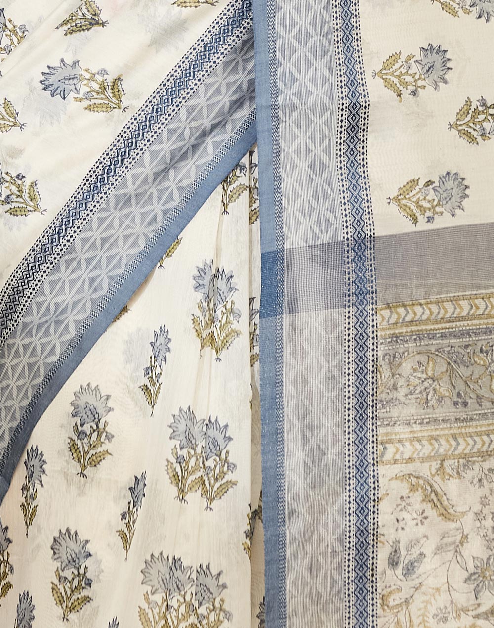 Blue Cotton Silk Blend Hand Block Print Sari