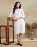 White Cotton Chikankari Knee Length Kurta