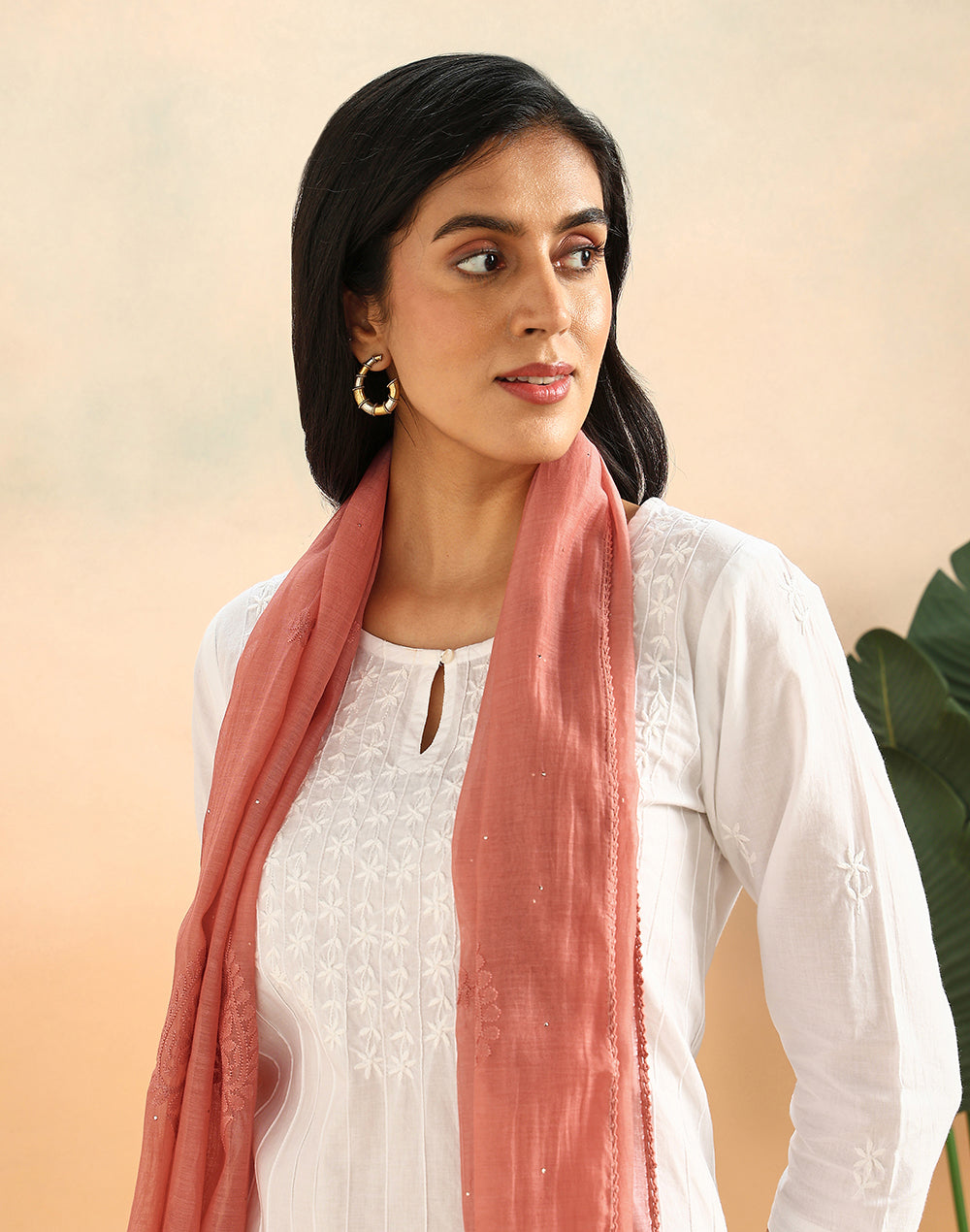 Orange Cotton Silk Chikankari Stole