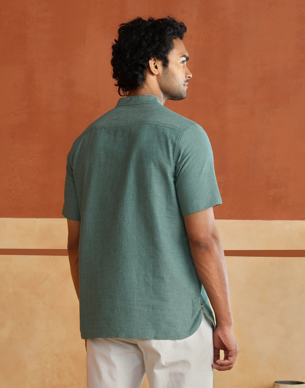 Teal Cotton Striped Slim Fit Mid Placket Shirt