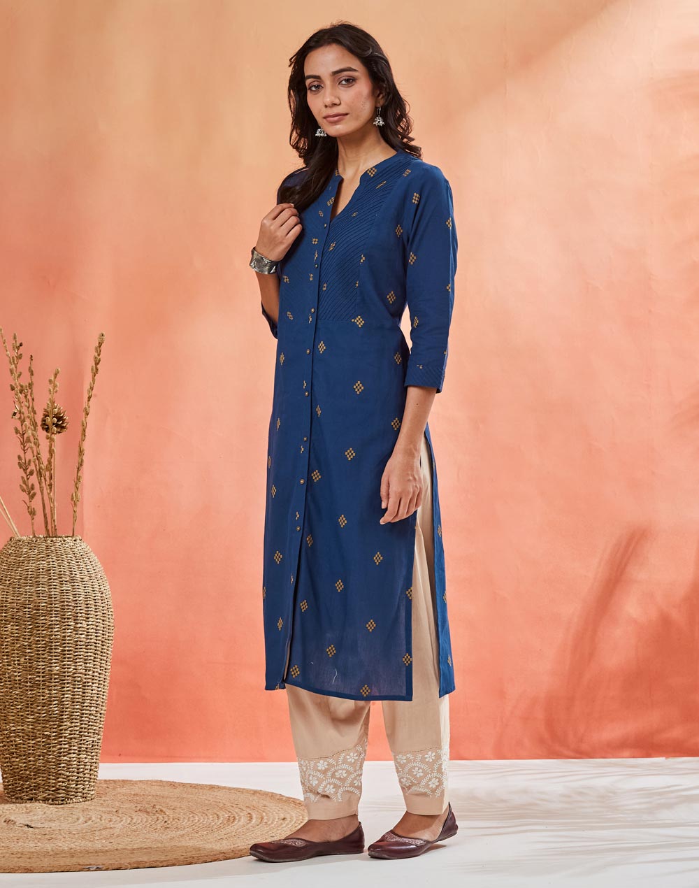 Teal Cotton Slim Fit Long Kurta