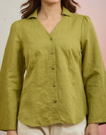 Green Cotton Linen Shirt for Women with a breathable linen blend