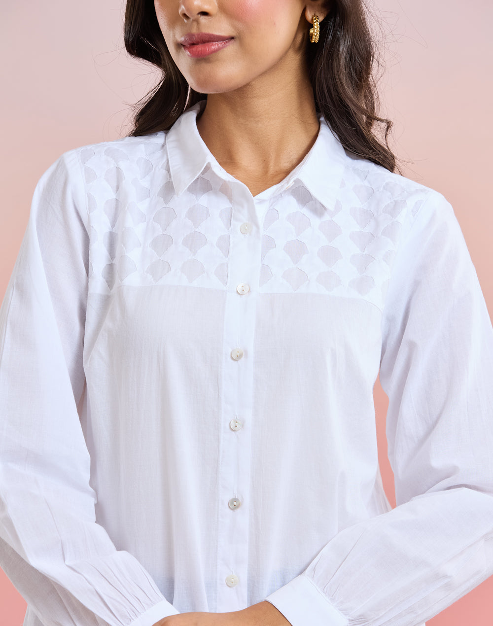 White Cotton Applique Shirt for Women with appliqué detailing