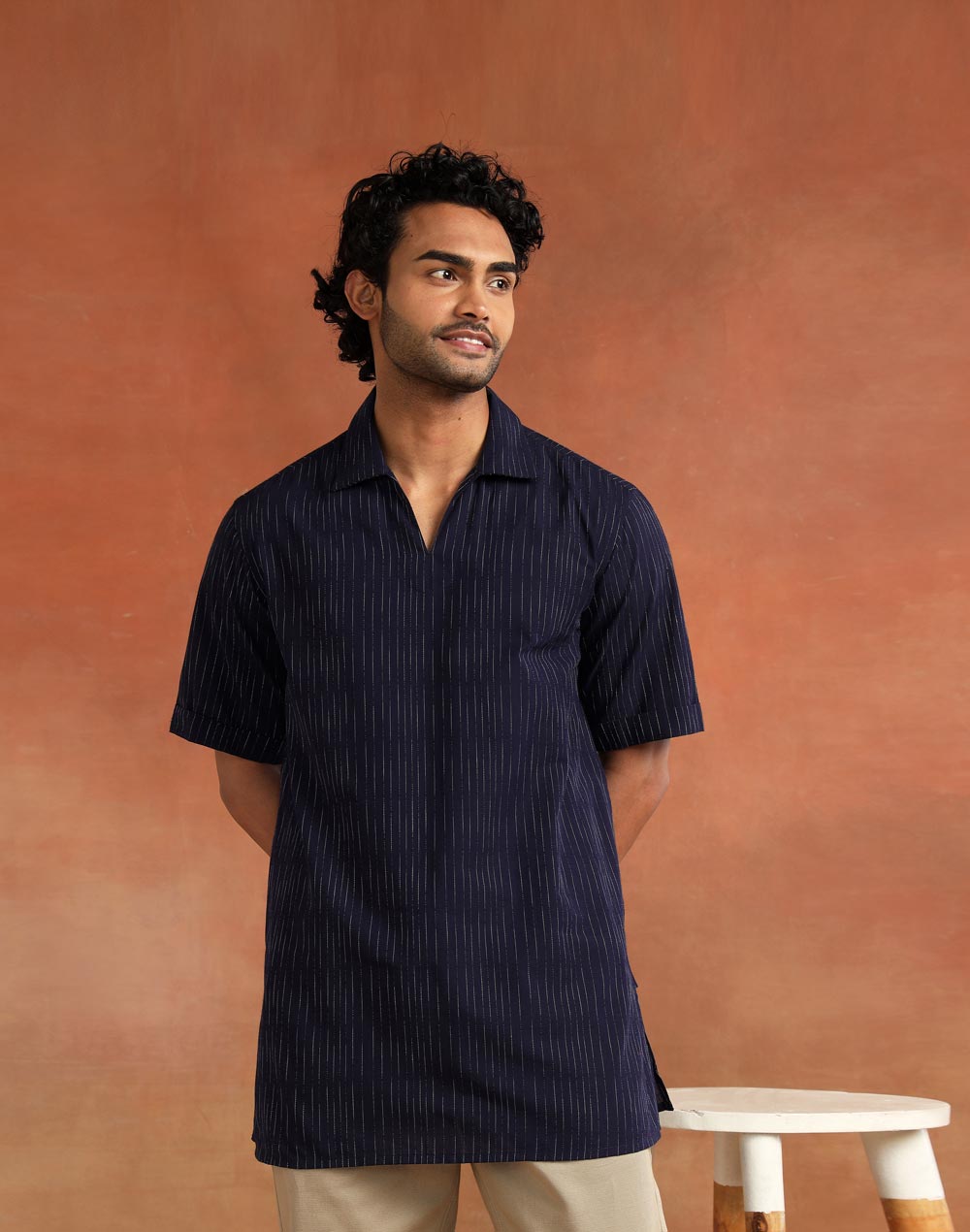 Navy Cotton Dobby Short Kurta